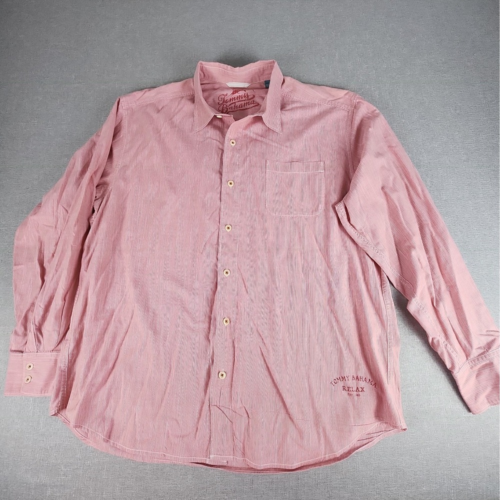 Tommy Bahama Relax Mens XL Red White Stripe Long Sleeve 100% Cotton Logo Shirt